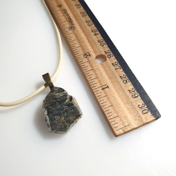 Natural Raw Pyrite Stone Pendant Beige Cord Necklace 17" To 19" Length Gift - Picture 4 of 5